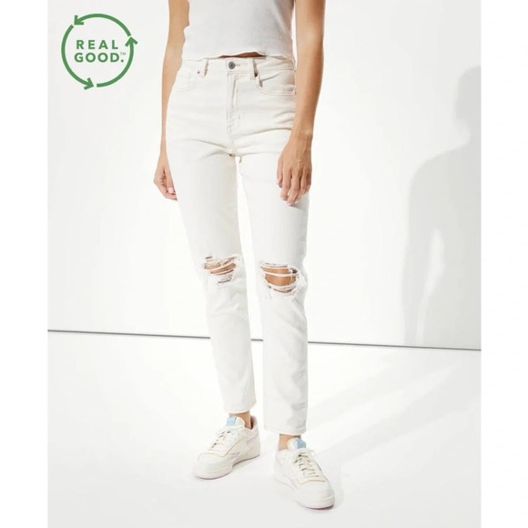American Eagle Mom Jeans Ivory White Distressed Super High Rise Denim 12 Women’s - Picture 1 of 15